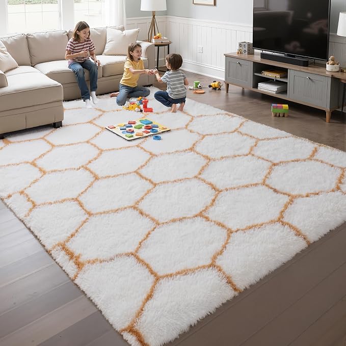 Zentavio Area Rugs for Living Room Large Rugs for Bedroom 6x9 Carpet Fluffy Fuzzy Soft Shag Aesthetic Plush High Pile Throw Rug for Nursery Kids Room Dorm Honeycomb Khaki