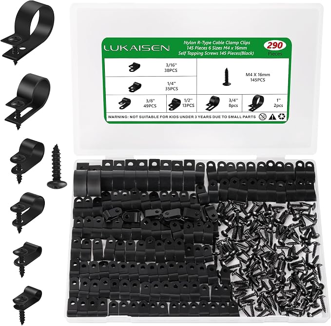 290PCS Nylon R-Type Cable Clips for Cable Management with M4 Screw, 6 Sizes | Good Ductility, Fireproof, 6 Sizes (3/16'' 1/4'' 3/8'' 1/2'' 3/4'' 1''), 145pcs M4 Black Screws, for TV/PC/AC Cables & Wires