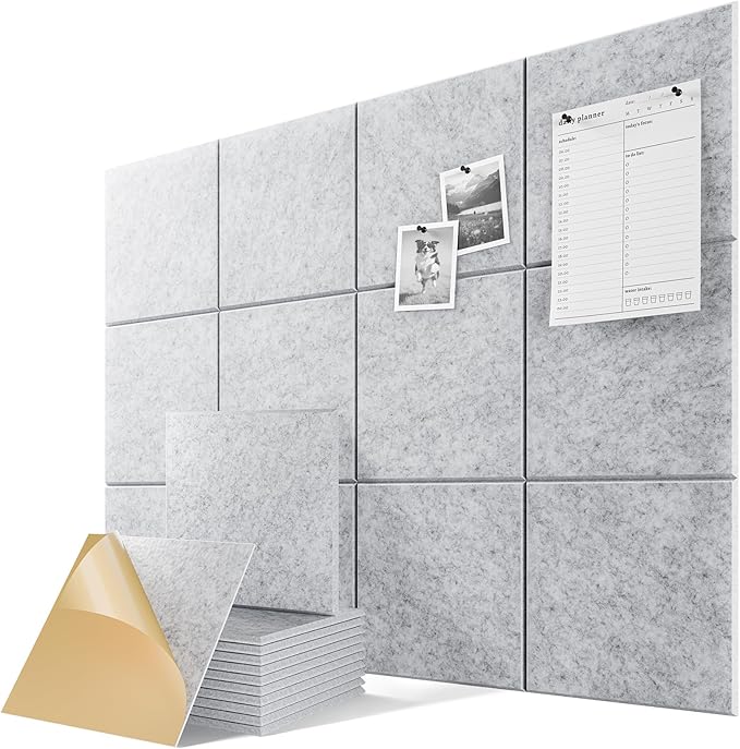 6-Pack Self-Adhesive Acoustic Panels, 12" X 12" X 0.4" High-Density Sound Proof Foam Panels for Walls, 36" x 24" Felt Bulletin Board, Soundproof Wall Panels for Home & Office (Sliver Gray)
