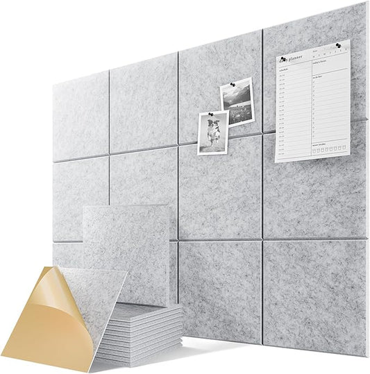 6-Pack Self-Adhesive Acoustic Panels, 12" X 12" X 0.4" High-Density Sound Proof Foam Panels for Walls, 36" x 24" Felt Bulletin Board, Soundproof Wall Panels for Home & Office (Sliver Gray)