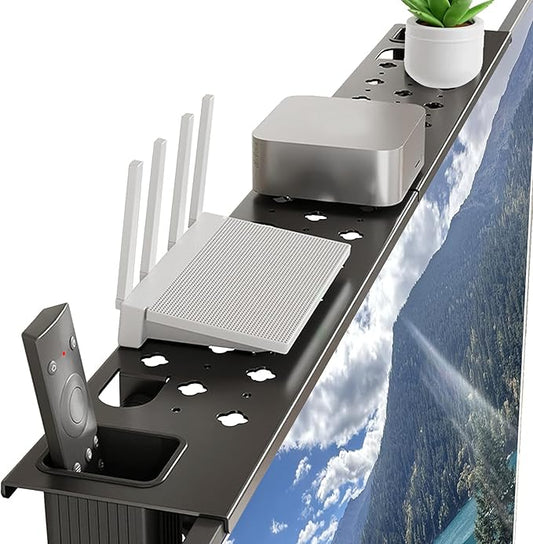 Steel TV Top Shelf, No Drilling Monitor Shelf Adjustable Computer TV Screen Shelves Mount Bracket for Soundbar Mount,Media Boxes, Router, Game Console, Remote (33.46 x 4.33 Inch)