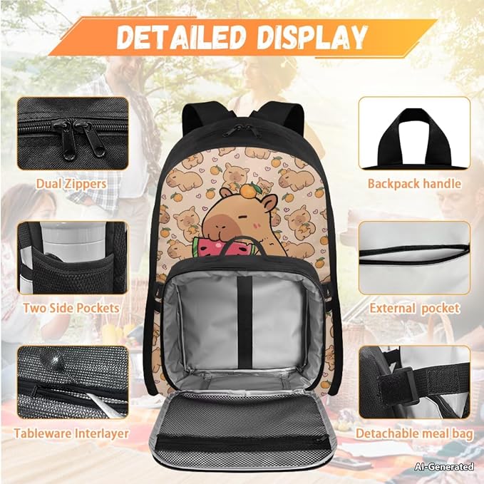 Doojoayie Capybara Backpack Lunchbox Set for Girls Watermelon School Bags for Girls 7-10 Large Capacity Backpack with Padded Wide Shoulder Straps for Elementary School