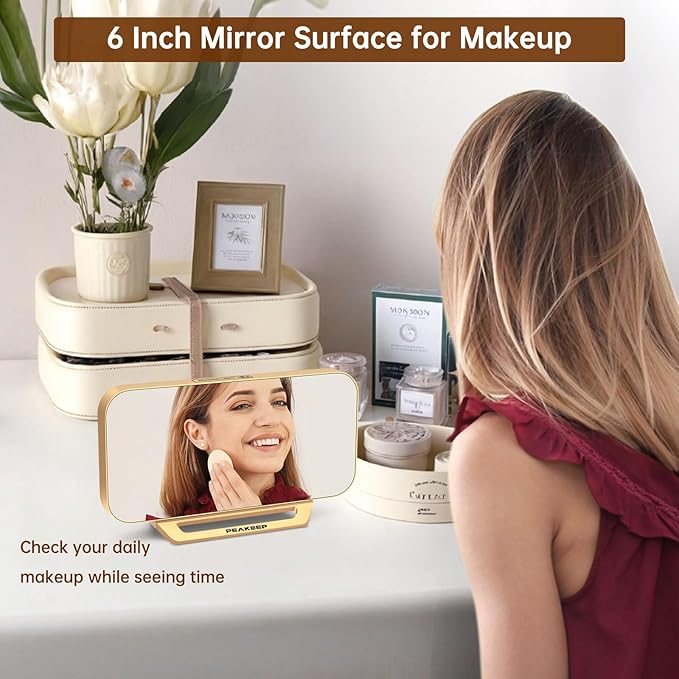 Peakeep Slim Digital Mirror Aesthetic Alarm Clock for Bedrooms Desk Decor | Plug in Electric Big LED Modern Small Clock for Office Living Room, Battery Backup, 6 Dimmers (Gold)