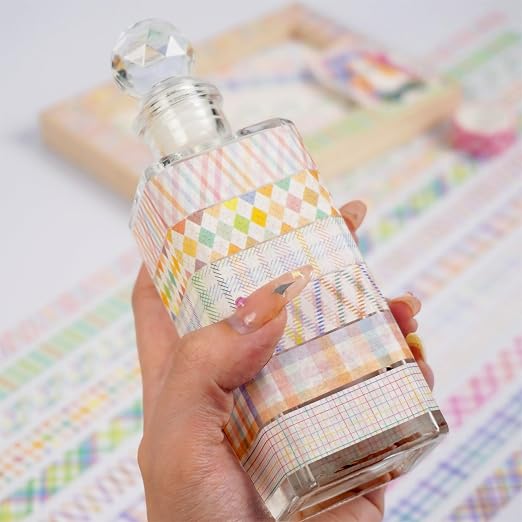 Basic Grid Washi Tape Set 12 Rolls Plaid Decorative Masking Tapes for Arts, DIY Crafts, Journals, Planners, Scrapbook, Wrapping (Colored)