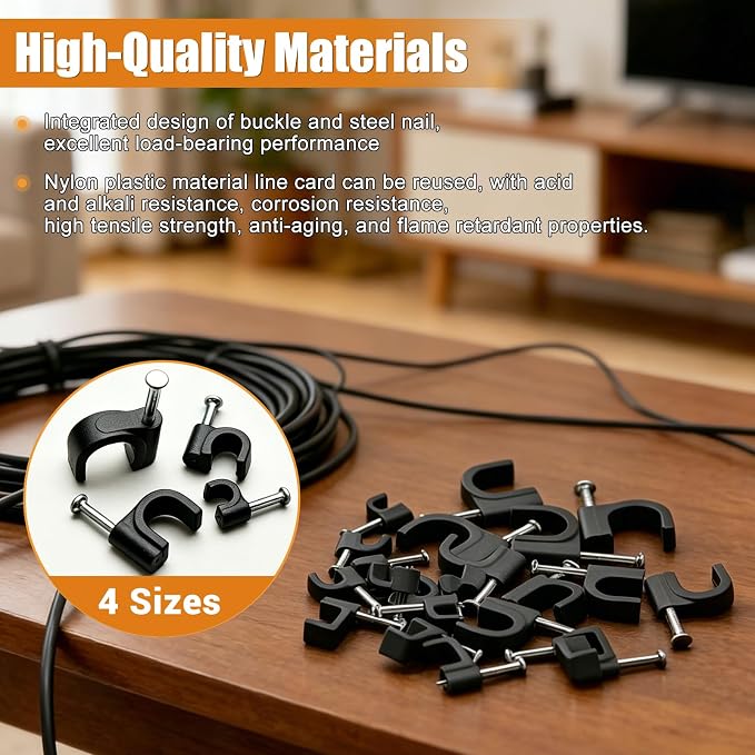 mankk 200PCS Cable Clips Nail in Cable Clips Black Wire Clips 4/6/8/10mm Round Ethernet Cables Wall Clips for Cords RG6 RG59 CAT5 CAT6 RJ45