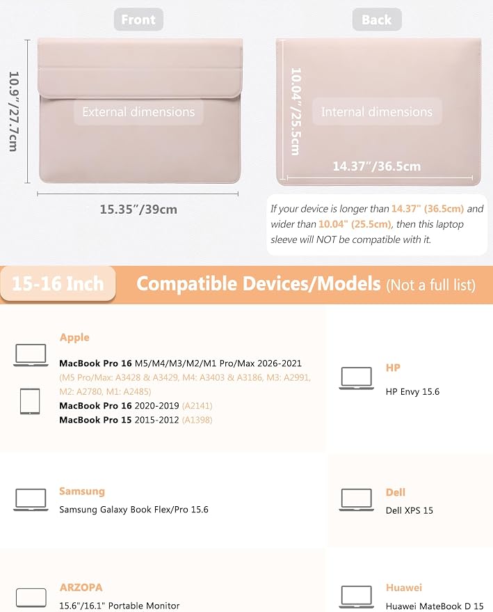 HYZUO 15-16 Inch Laptop Case Bag Sleeve with Stand Feature for MacBook Pro 16 M5/M4/M3/M2/M1 Pro/Max 2026-2019, XPS 15, MacBook Pro 15 2015-2012, Samsung Galaxy Book Flex 15, Apricot