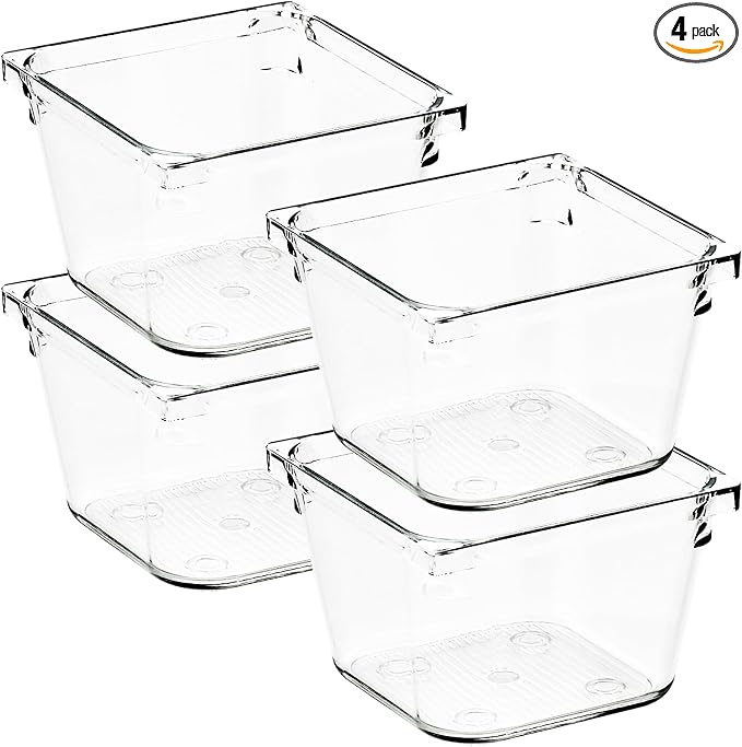4 Pack Drawer Organizers, 3"X 3" Clear Acrylic Storage Bins | Acrylic Tray Design, Non-Slip Pads, Desk Storage Helper, For Makeup, Jewelry, Kitchen, Bathroom, Office Organization