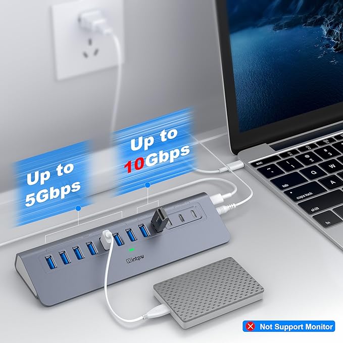 YH9AC Powered USB Hub 10Gbps, intpw 12-Port USB Splitter with USB A/USB C 3.2, 4 USB 3.0, 2 PD 45W Charging Ports, 65W Power Adapter + 3.3FT Cable, Aluminum USB Extender Hub for Laptop/PC/iPhone 16/15