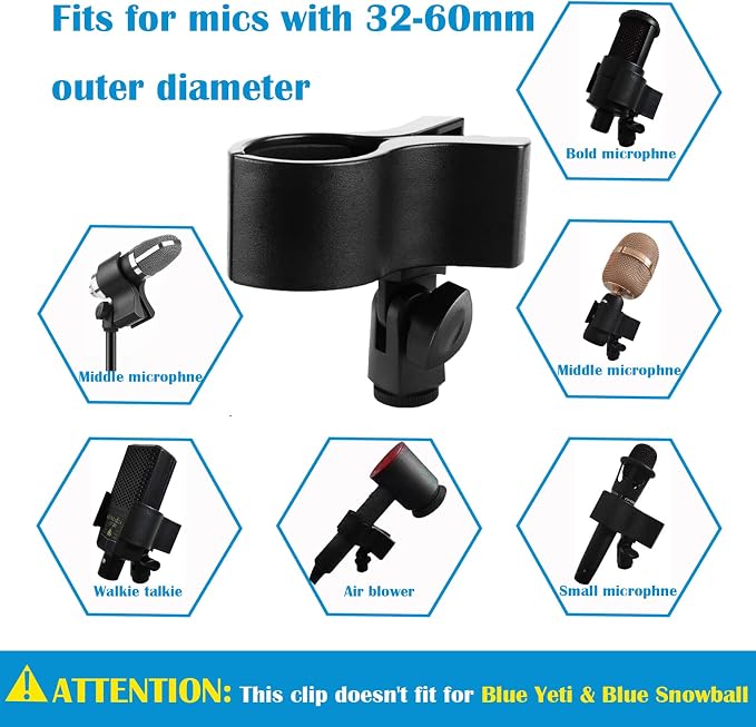 2pcs Large Microphone Clips, Adjustable Mic Holder for Microphones with Outer Diameter Range 1.26" from 2.3", with 5/8" Male to 3/8 to1/4" Female Screw Adapter(Black) Mic clip holder for stand