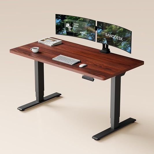 SANODESK Dual Motor Standing Desk 220lbs Height Adjustable Desk | 55"x28" Spacious One-Piece Mahogany Desktop & Black Frame, 4 Memory Presets, 3-Stage Legs, 220lbs, 2-Box for Home & Office