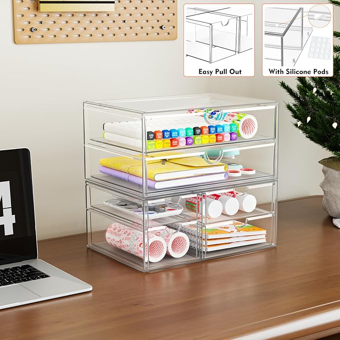 ARSTPEOE Acrylic Organizer with 6 Drawers, Bathroom Counter Organizer, Makeup Desk Organizers, Office Supplies, Storage Drawers for Cosmetic, Pencil, Coffee