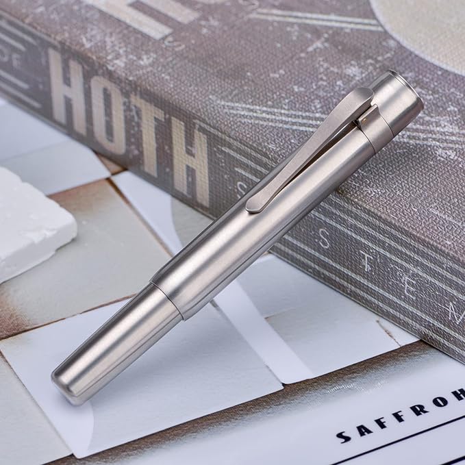 HONG DIAN M2 Titanium Mini Fountain Pen, Extra Fine Soft Nib & Sleek Shape Metal Short Pocket Travel Pen (Titanium Gray)
