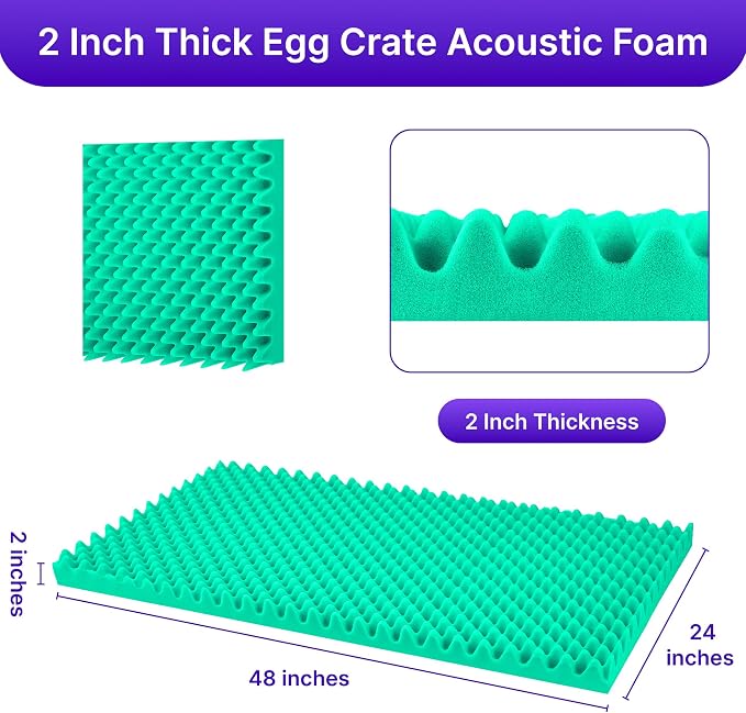 2 Pack Sound Proof Foam Panels for Walls, 48" x 24" x 2" Self-Adhesive Acoustic Panels, High Density Egg Crate Sound Dampening Panels for Recording Studio, Home Office