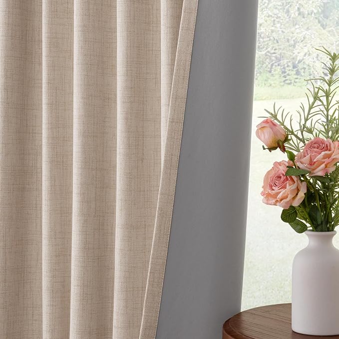 INOVADAY 100% Blackout Curtains for Bedroom, Oatmeal Black Out Curtains 120 Inch Long, Clip Rings Linen Blackout Drapes, Thermal Insulated Room Darkening for Living Room, 2 Panels - W50xL120