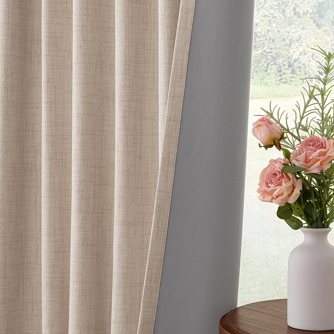 INOVADAY 100% Blackout Curtains for Bedroom, Oatmeal Black Out Curtains 108 Inch Long, Clip Rings Linen Blackout Drapes, Thermal Insulated Room Darkening for Living Room, 2 Panels - W50xL108