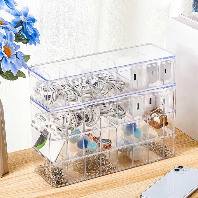 Tatuo 4 Pcs Cord Organizer for Drawer Desktop, Cable Organizer Box with 8 Compartments and Wire Ties, Plastic Charger Storage with Lid, Electronics Case for Home Office Accessories (Small,Clear)