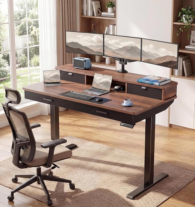 HUANUO 48 x 30 inch Electric Standing Desk with 4 Drawers, Walnut | Deeper 30 Inch Desktop, Cable Tray, Monitor Mount Support, Grommet Routing, 27.9–46.8 Inch Height Range, Home Office Use