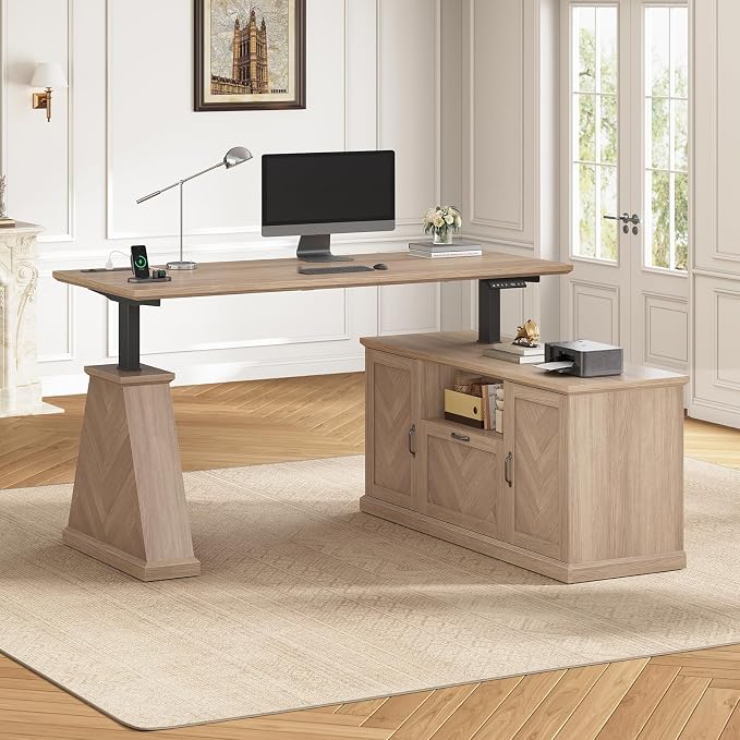 Farmhouse L Shaped Electric Standing Desk with Power Outlet & 2 Cabinets, 55.1" x 47.2" Height Adjustable Office Executive Standing Desk with Storage, File Drawer & Shelf, Natural