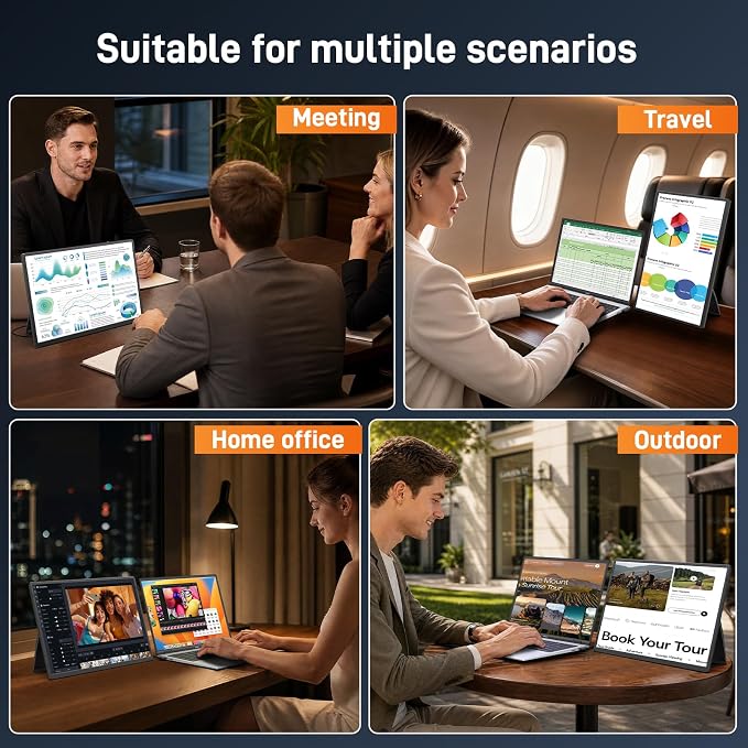 16″ Portable Monitor for Laptop, 1200P IPS Laptop Screen Extender, Plug & Play Dual Monitor with 360° Rotating Stand, Ultra Slim Travel Monitor for Laptop, PC, MacBook, PS5