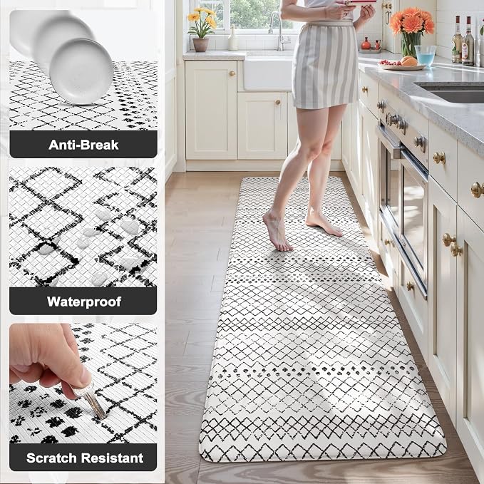 KIMODE Anti Fatigue Kitchen Mats, Padded Kitchen Floor Mats 24"x71", Boho Farmhouse Kitchen Runner Rugs, Black and White Rugs for Kitchen Floor, Cushioned Standing Mat for Laundry Office Sink Desk
