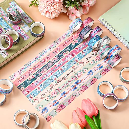 24 Rolls Back to School Christian Washi Tape Gifts Bulk Graduation VBS Religious Scripture Spanish Floral Bible Verse Washi Tape for Bible Journaling Crafting Students BibleStudy Stationery