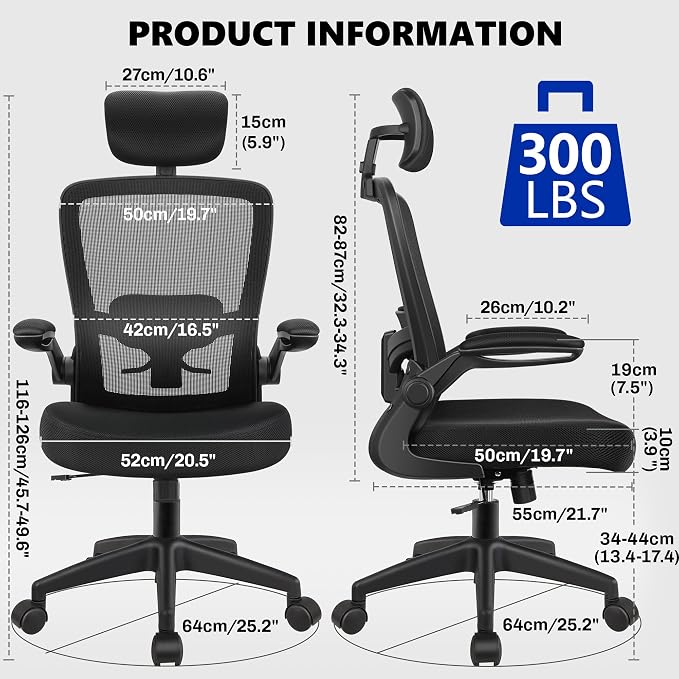 Office Chair Ergonomic Desk Chair, High Back Mesh Office Chairs with Adjustable Headrest and Flip-Up Arms, Comfortable Computer Chair for Long Hours