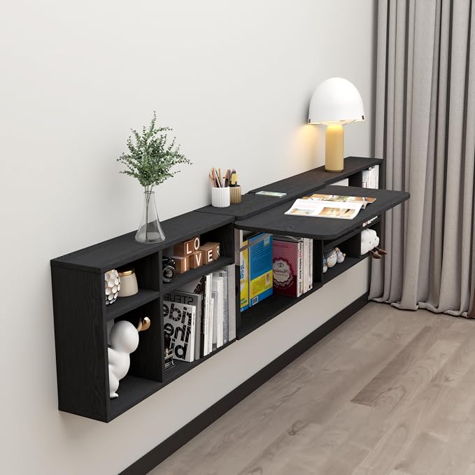 Floating Desk with Storage Shelves, 82'' Wall Mounted Desk Laptop Writing Study Table, Folding Drop Leaf Table, Multifunctional Computer Workstation for Narrow Small Space