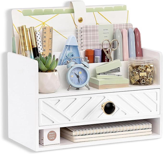 dreampossible white Wood Desk Organizer and Accessories with Drawer, Bill Mail Organizer and File Mail Holder for Office Supplies, Desk Accessories & Workspace Organizers for Desk Organization