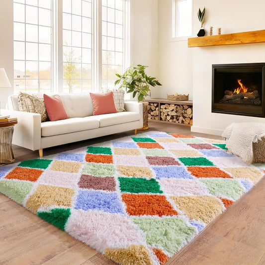 Checkered Rug for Bedroom 5x7, Ultra Fluffy Fuzzy Shag Area Rugs for Living Room, Anti-Skid Indoor High Pile Soft Rug Carpet for Living Room Bedroom Kids Room Nursery, Dorm Home Decor, Colorful