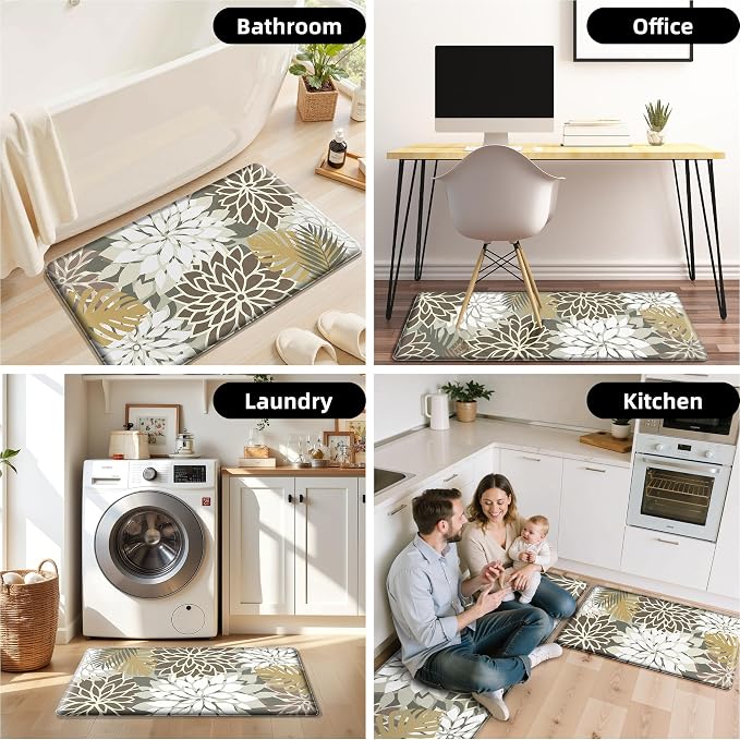 Kitchen Mats for Floor 2PCS Cushioned Anti Fatigue Kitchen Mats Waterproof Non Slip Kitchen Mat Rug Set Comfort Foam Standing Mat for Sink, Laundry, Office,17.3" x 28" + 17.3" x 47", Brown White