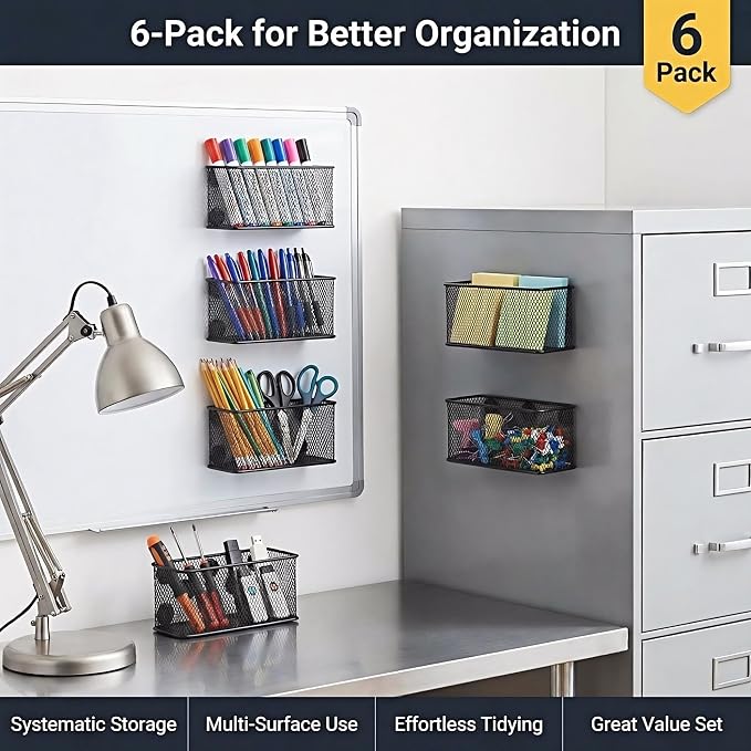 Neudeco Magnetic Locker Organizer, Wire Mesh Storage Basket, Black, 6-Pack | Strong Magnet, Pen Holder for Dry Erase Markers, For Fridge School