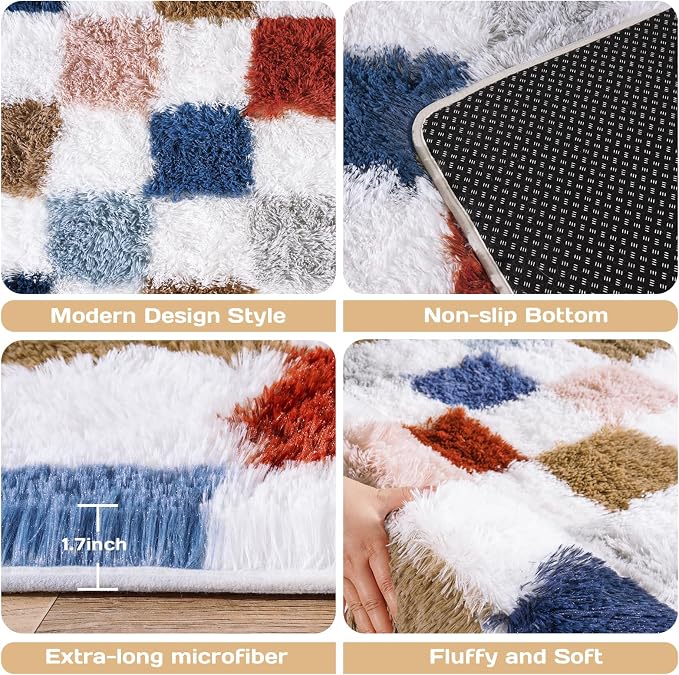 Checkered Rug for Bedroom 5x7, Ultra Fluffy Fuzzy Shag Area Rugs for Living Room, Anti-Skid Indoor High Pile Soft Rug Carpet for Living Room Kids Room Nursery, Dorm Home Decor, Red and Blue Colorful