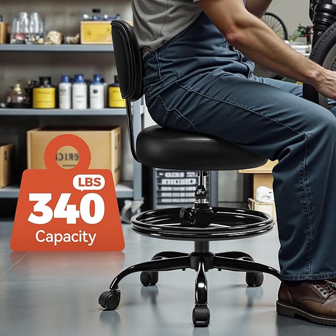 BestGlory Shop Stool with Wheels for Garage, Mechanics Rolling Chair with Backrest, Adjustable Height Heavy Duty Garage Stool with Footrest and Storage Tray, Swivel Task Chair for Workshop Salon