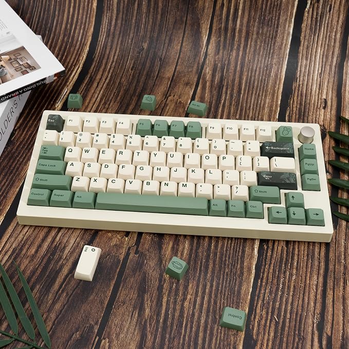 130 Keys Green PBT Keycaps, MDA Profile Dye Sub Custom Keycap, English ANSI Layout Beige Green Keycaps Botanical Key Caps for Cherry MX Mechanical Keyboard