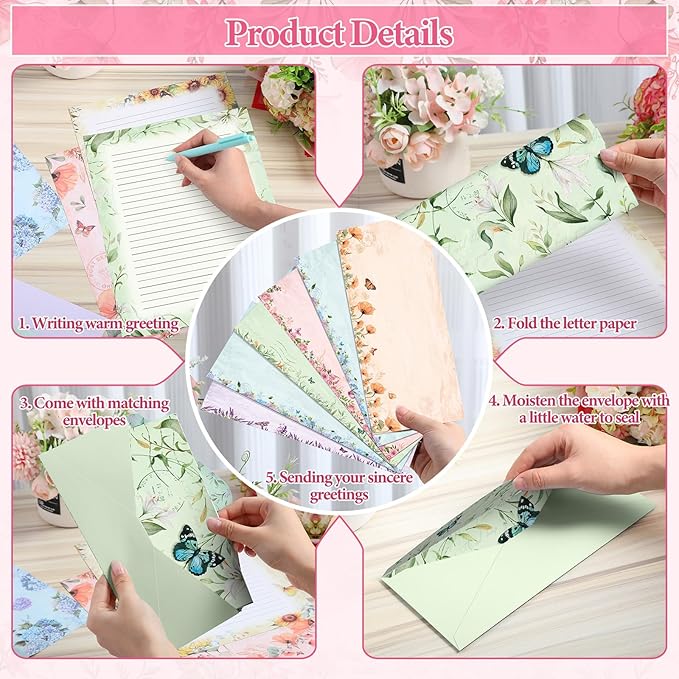 Funrous 90 Pcs Stationary Paper and Envelopes Set, 60 Sheets Floral Letter Paper and 30 Envelopes, 8.5 x 11 Inch Lined Writing Sheet for Mother's Day Wedding Religious Spring Party Invitation Gift