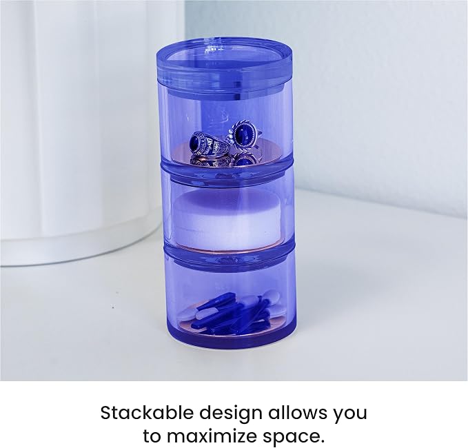 3-Tier Stackable Acrylic Holder- Stylish Desk Organizer and Storage for Office or Home – Transparent Round Design, Blue with Silver Metal Base