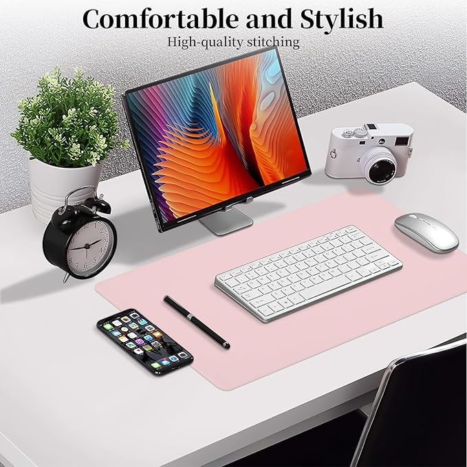 Pink Desk Mat, Leather Desk Pad Protector, Non-Slip Office Computer Mat, Waterproof Desktop Mat for Keyboard and Mouse, Pink Desk Accessories for Women, 23.6"x13.7"