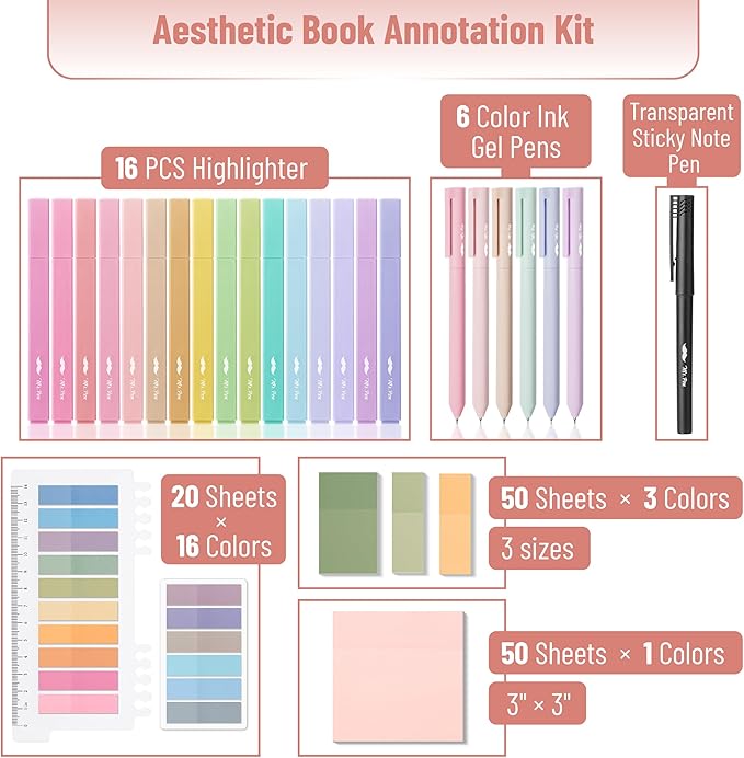 Mr. Pen- Aesthetic Book Annotation Kit, Aesthetic Highlighters and Gel Pens, Transparent Sticky Notes, Transparent Sticky Tabs for Books, No Bleed Highlighters for Bible Pages No Bleed