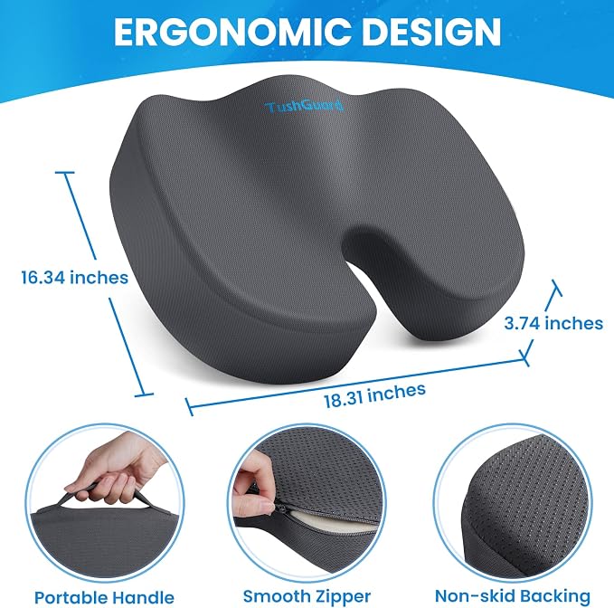 TushGuard Memory Foam Seat Cushion for Office Chair, Car Seat, Gray, XL | Office Chair Cushion for Car, Airplane - Chair Pad for Long Sitting Sciatica, Hip, Coccyx,Tailbone Pain Relief, Butt Pillow