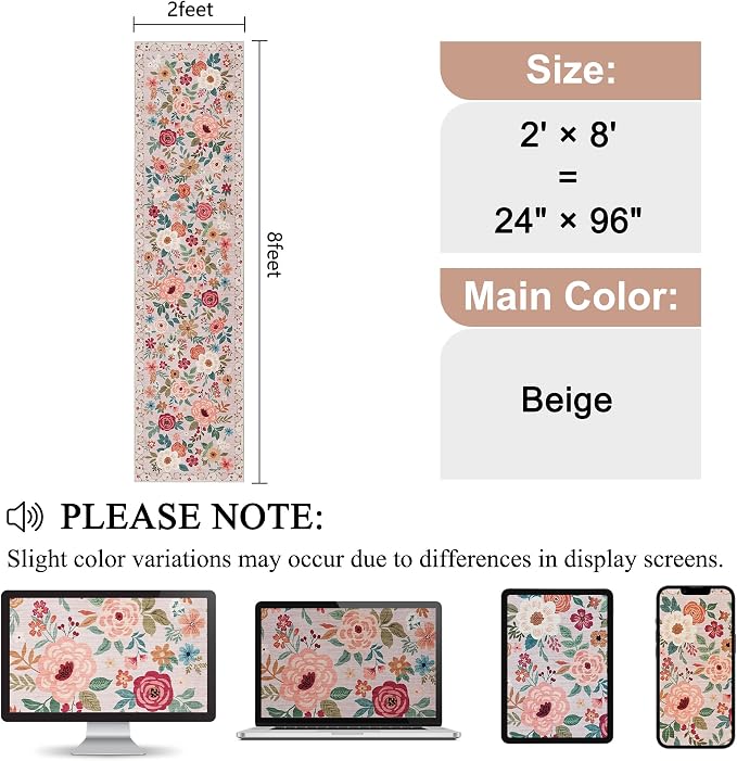 DUKINO 2x8 Runner Rug for Hallway, Washable Kitchen Runner Rug with Rubber Backing Non Slip, Low Pile Soft Boho Floral Thin Carpet for Entryway, Hallway, Bathroom, Laundry Room, Beige