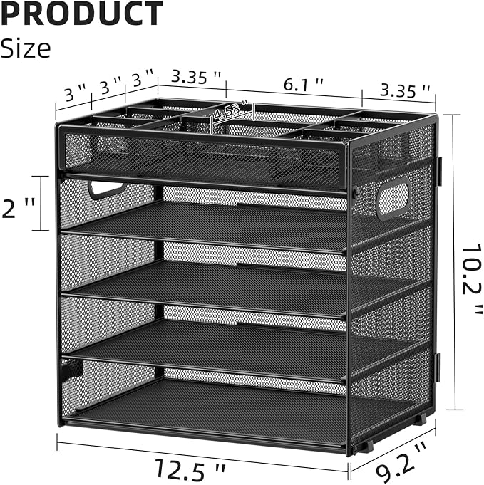Marbrasse 5 Tier Paper Organizer, Mesh Desk Letter Tray with Handle,Black | Paper Sorter Desk Organizer for Letter/A4 Office File Folder Holder Home Office Supplies
