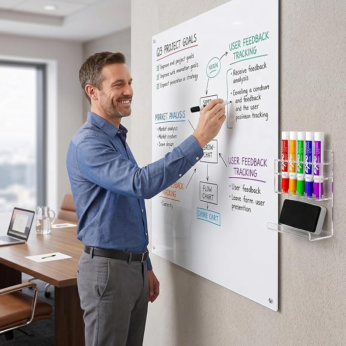 MyGift Wall Mounted Clear Acrylic Dry Erase Marker Holder Organizer for 5 Markers and Eraser, Hanging Whiteboard Accessories Rack for Office Home Dorm Classroom Meeting Room