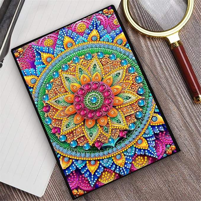FRANDEK Diamond Art Painting Notebook Kit, Color Mandala A5 DIY Journal with 50 Blank Pages, Crystal Rhinestone Cover with Waterproof Canvas, Beginner Craft Set with Full Tools for Adults