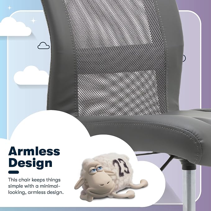 Serta Armless Small Home Desk Chair with Wheels, Ergonomic Mesh Back Chair | Leather & Foam Cushion Seat, Adjustable Height, Small Vanity Chair for Bedroom & Small Spaces, Home Office Desk Chair, Gray