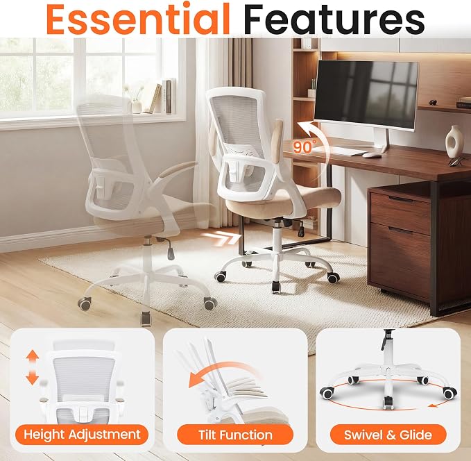 NEO CHAIR Office Chair High Back Desk Mesh Chair Comfy Computer Gaming Seat with Adjustable Ergonomic Lumbar Rolling Flip-up Armrests and Wheels (Beige)