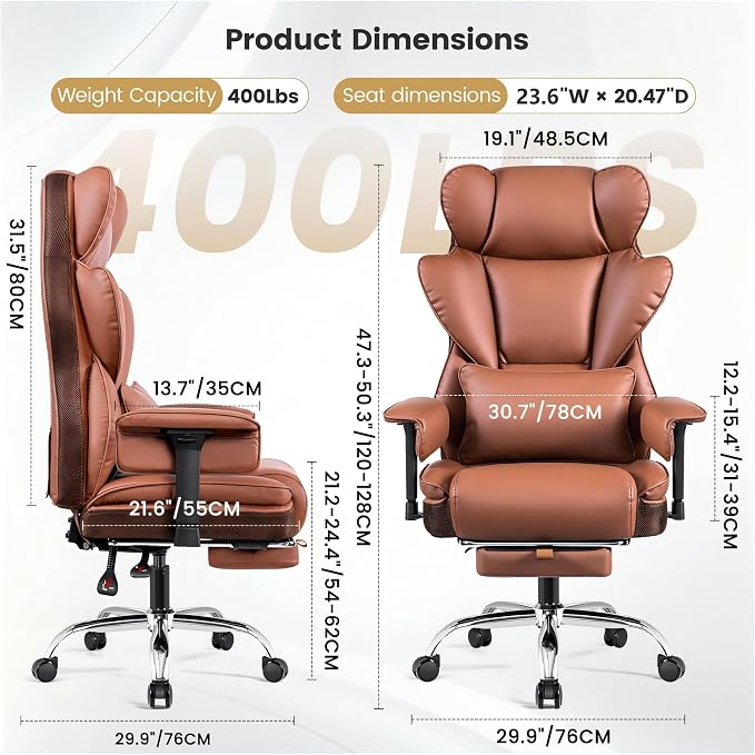 Big & Tall Executive Office Chair, 400 LBS Computer Desk Chair | 23.6" Extra-Wide Seat with Footrest, Ergonomic High Back with Lumbar Support, 165° Recline, 3.2" Adjustable Armrests, Brown