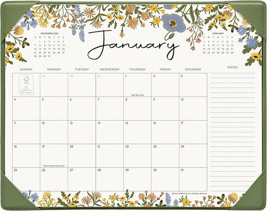 Desk Calendar 2026 with Desktop Mat, Cabbrix Desk Pad Calendar 15 x 12 Inch Runs From July 2026 to December 2027, Floral Design Calendar 2026 for Home School and Office (Green)