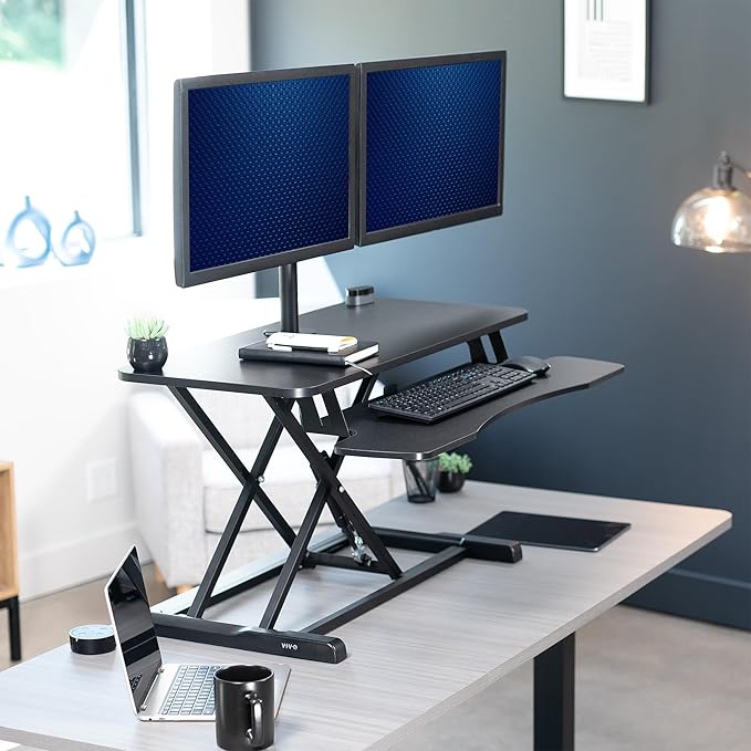 VIVO Height Adjustable 36 inch Standing Desk Converter with Dual 13 to 30 inch Monitor Stand, Sit Stand Monitor Mount and Desk Riser, Black, DESK-V036K-M2