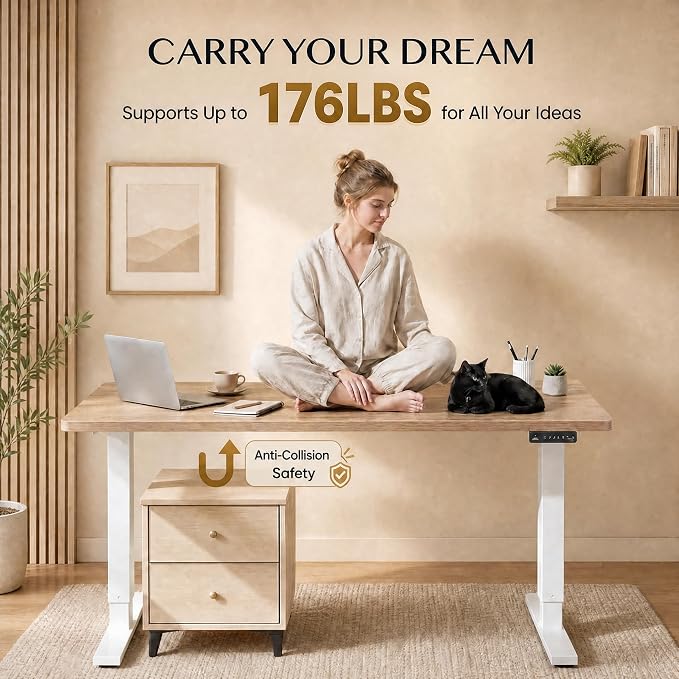 Grandder 47x32 Large Electric Standing Desk, Height Adjustable Computer Desk with 2 Memory Presets, 31.5" Deep Desktop Sit Stand Desk Home Office Desk Workstation Table with Hooks, Light Walnut