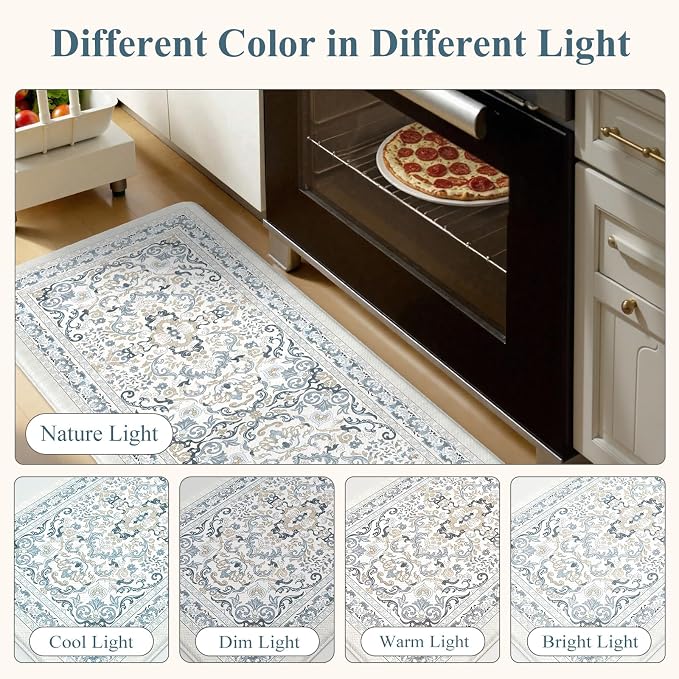 KIMODE Anti Fatigue Mats for Kitchen Floor,Boho Vintage Floral Rugs Sets of 2,Cushioned Carpet Non Slip for Laundry,Wide Memory Foam Runner for Sink Office,Light Blue 20"x47"+20"x32"